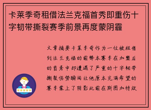 卡莱季奇租借法兰克福首秀即重伤十字韧带撕裂赛季前景再度蒙阴霾